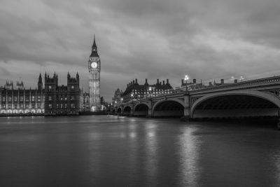 black and white image of parliament and big ben